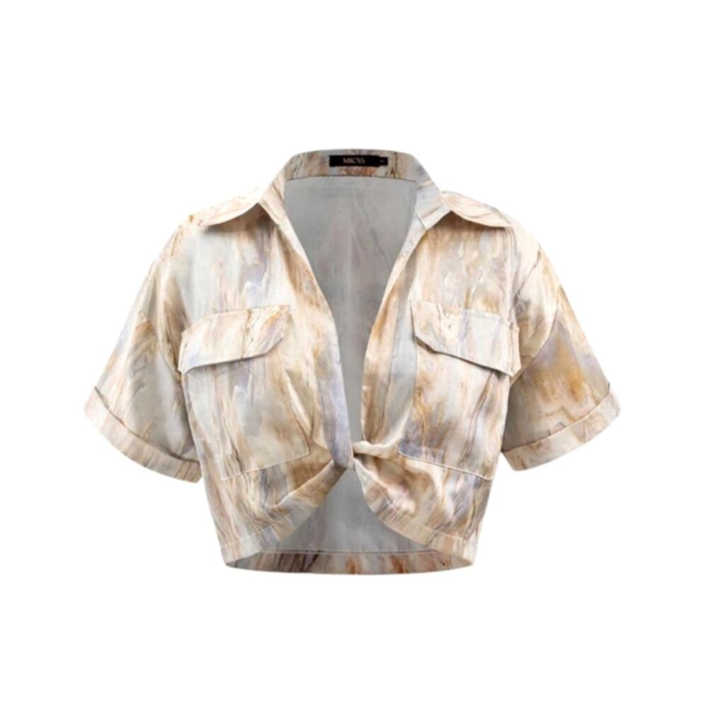 Micas Womens XSmall Multicolor Marble Print Twist Hem V-Neck Pocketed Crop Shirt